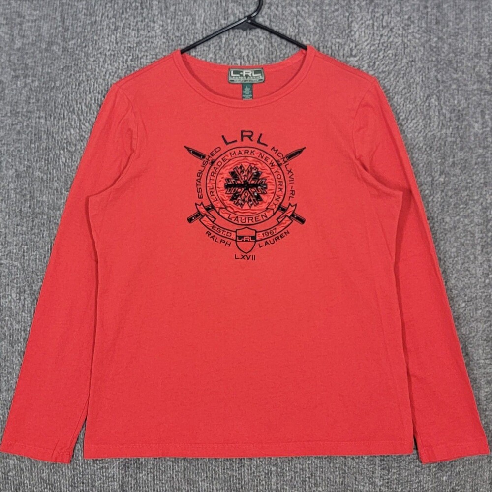 LRL Ralph Lauren Active T-Shirt Women L Red Beaded Embroidered Crest Long Sleeve